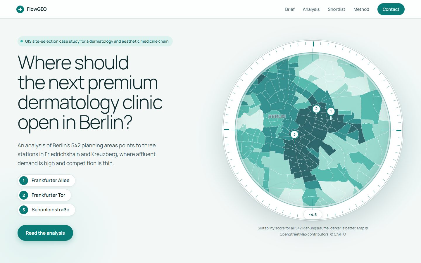 Berlin map in a round lens with three recommended clinic sites