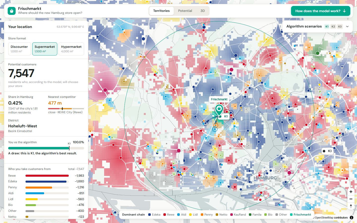 Hamburg map coloured by the supermarket chain that dominates each 100 m cell