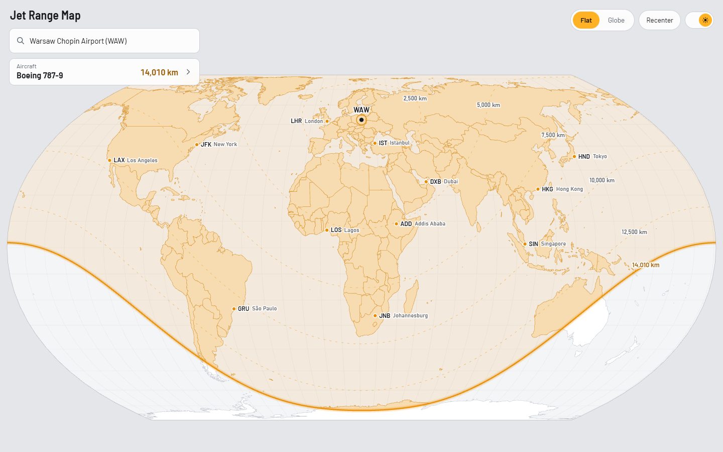 World map showing the range of a Boeing 787-9 from Warsaw