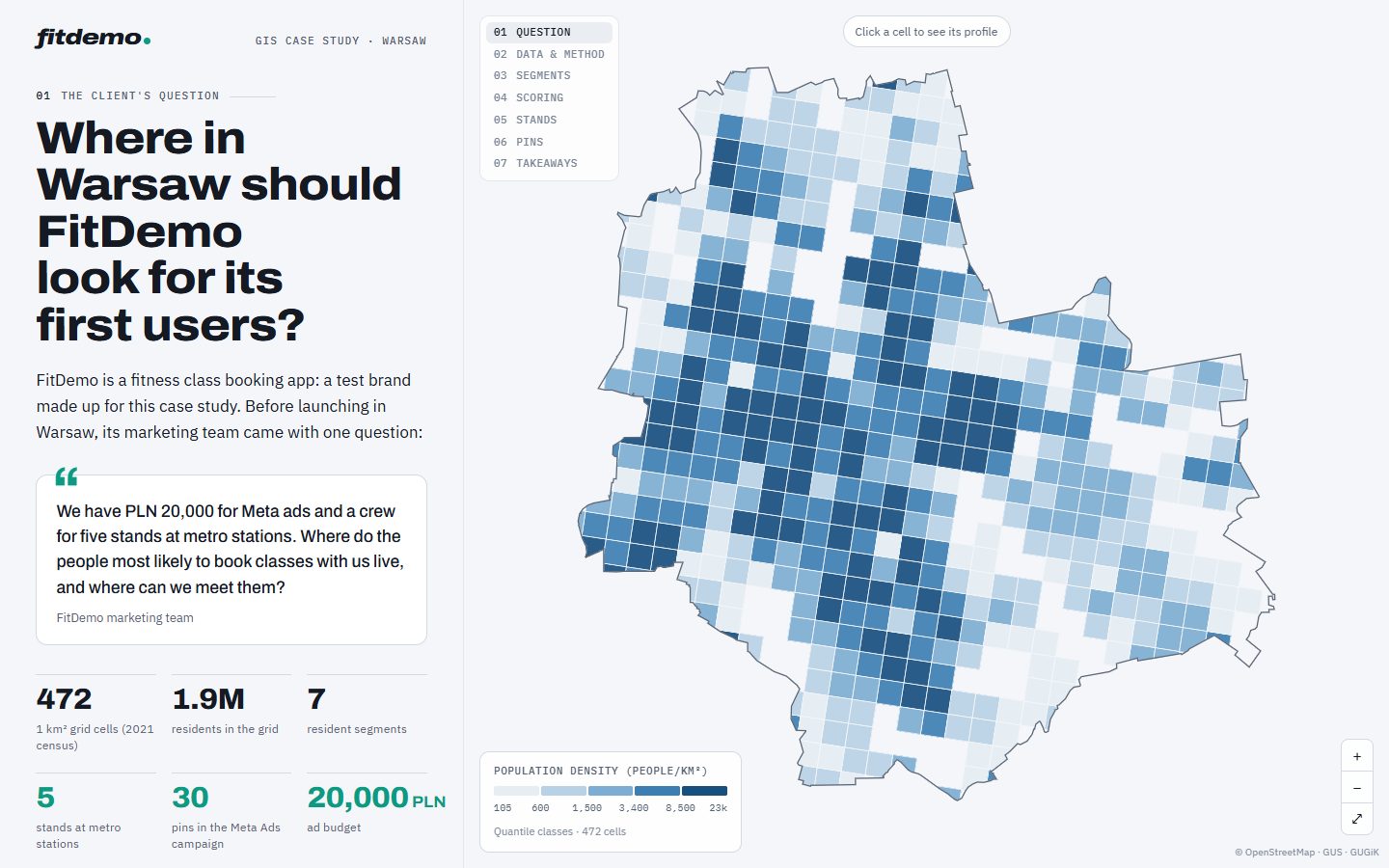 Warsaw on a 1 km grid coloured by population density